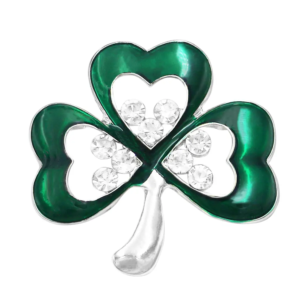 Unisex Lucky Irish Shamrock Brooch Pin - Crystal Sparkle, Green Enamel Heart Leaves, Metal Frame, 1.5in Long, Safety Latch, Everyday Party Fashion Accessory, Eco-Friendly Gift Box for St. Patrick's Day, Stone Accent