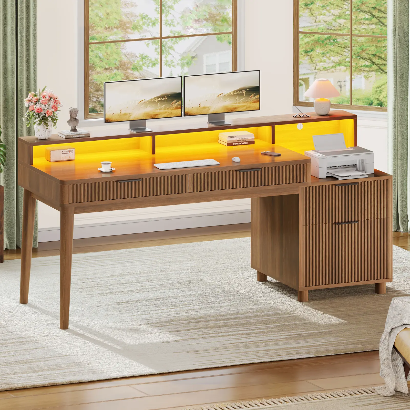 Sedeta Modern 59" Fluted Wood Home Office Desk - Sturdy Computer Desk with 4 Storage Drawer Platforms, LED Lights, Power Strip, Practical Desktop Stand, Wood Workstation for Home Office, Living Room, Home Office Desks