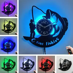 Fishing Theme Wall Clock, Vinyl Record Design, 'gone Fishing' Slogan, Fisherman Silhouette, Gradient Background, Decorative for Living Room, Office, Cabin