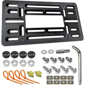 Front License Plate Mounting Kit-Universal Front Plate Holder Adapter Bumper Bracket & Carbon Fiber Style License Plate Frame, Anti-Theft Screws and Wrench Kit, for Any Vehicle Or Trailer,Truck