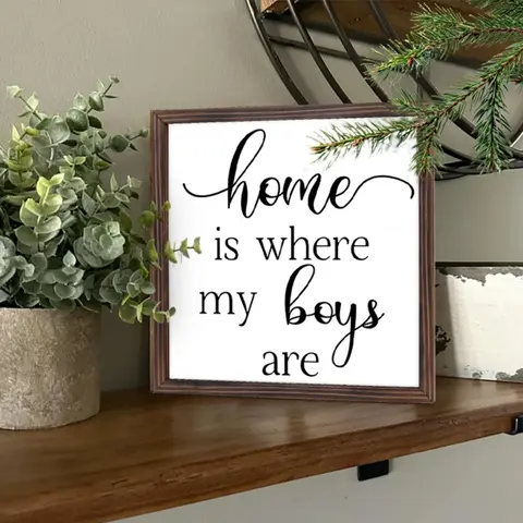 Home is Where My Boys Are Sign, Modern Framed Wooden Sign, Minimalist Wooden Plaque Sign, Desktop Decoration for Home Bedroom Office Wall Shelf, Christmas Gift, Decorative Sign