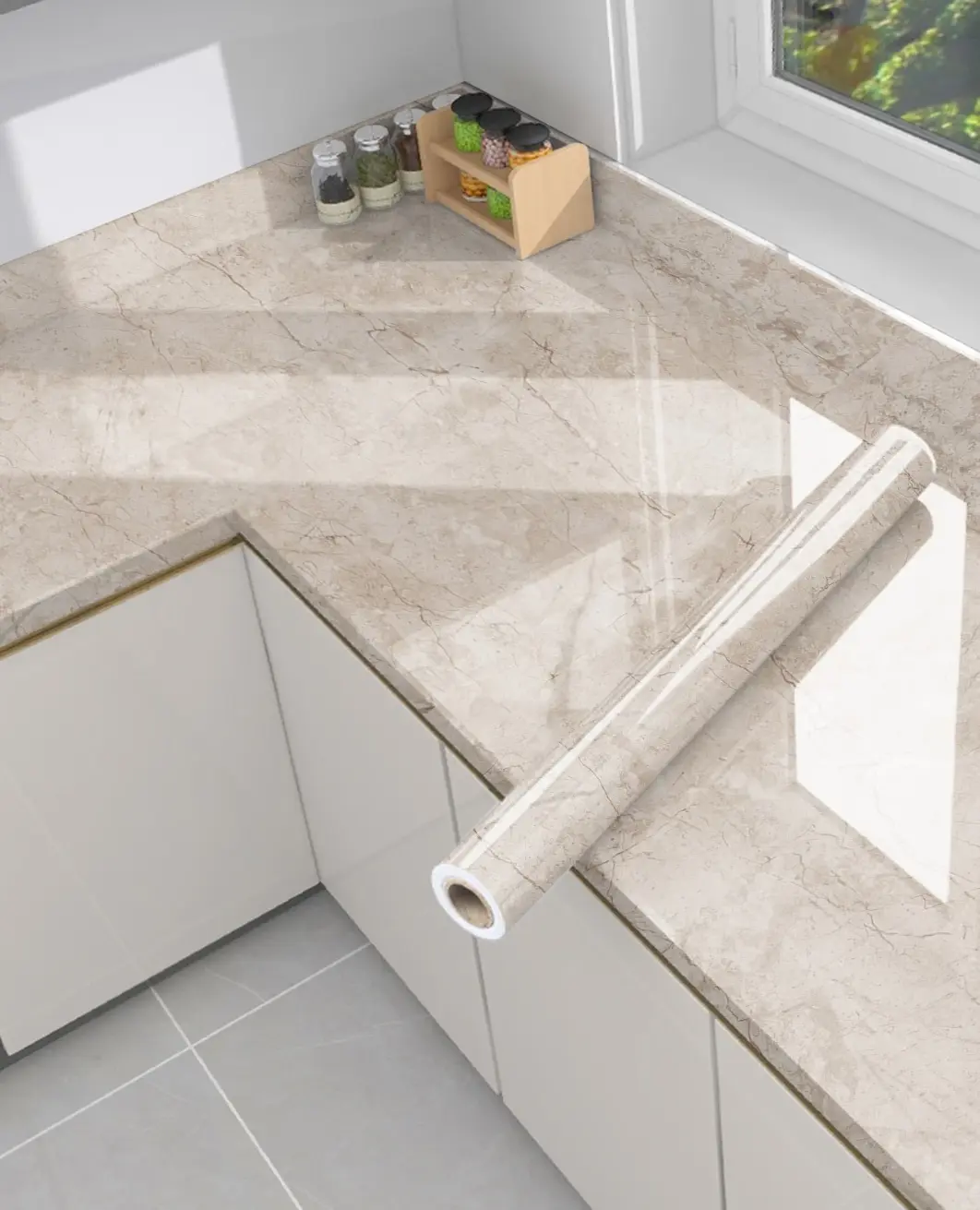 PVC Marble Look Adhesive Wallpaper - Geometric, Glossy, Waterproof, Oil-Proof, Detachable Sticker for Kitchen Countertops, Furniture Renovation