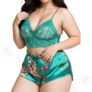 Plus Size Women's 2-Piece Lingerie Set - Hollow Out Embroidered Bra & Panty with Lace Panel Detail Minimalist Nightgown Sleepwear SpringStatements Lace Underwear Set Fashionable Bodysuits Green