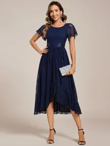 Ever-Pretty Short Sleeve Ruffled Empire Waist Lace Midi Formal Dress 03489 Asymmetrical Dress, Womenswear,Evening dress,fall dress