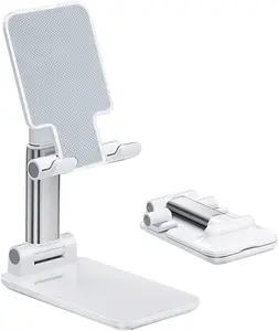 Adjustable Cell Phone Stand for Desk, Foldable Portable Phone Holder with Height & Angle Adjustment, Anti-Slip Silicone Base, Compatible with iPhone, Samsung, Tablets & 4–8 Inch Devices, White