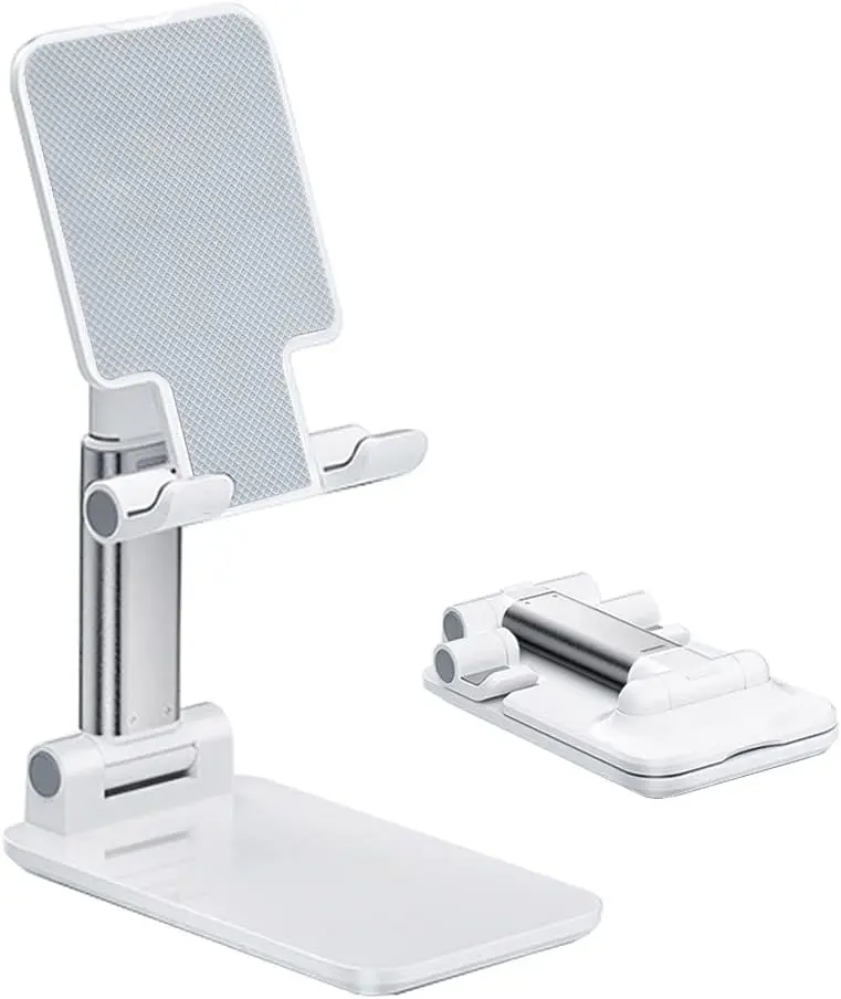 Folding Portable Plastic Phone Stand - Adjustable Desk Mount with Height-Angle Adjustment, Anti-Slip Silicone Base, Compatible with 4-8 in Smartphones/Tablets, White Accessory for Office Desk Setup, Phone Holders & Mounts for Cooking Tutorials