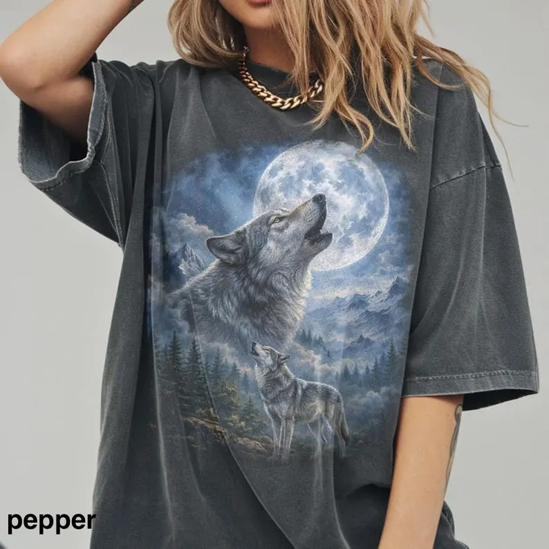 Vintage Howling Wolf Graphic Tee, Full Moon Wildlife Animal Shirt, Mystic Forest Aesthetic Top, Comfort Colors Wolf Gift Tee
