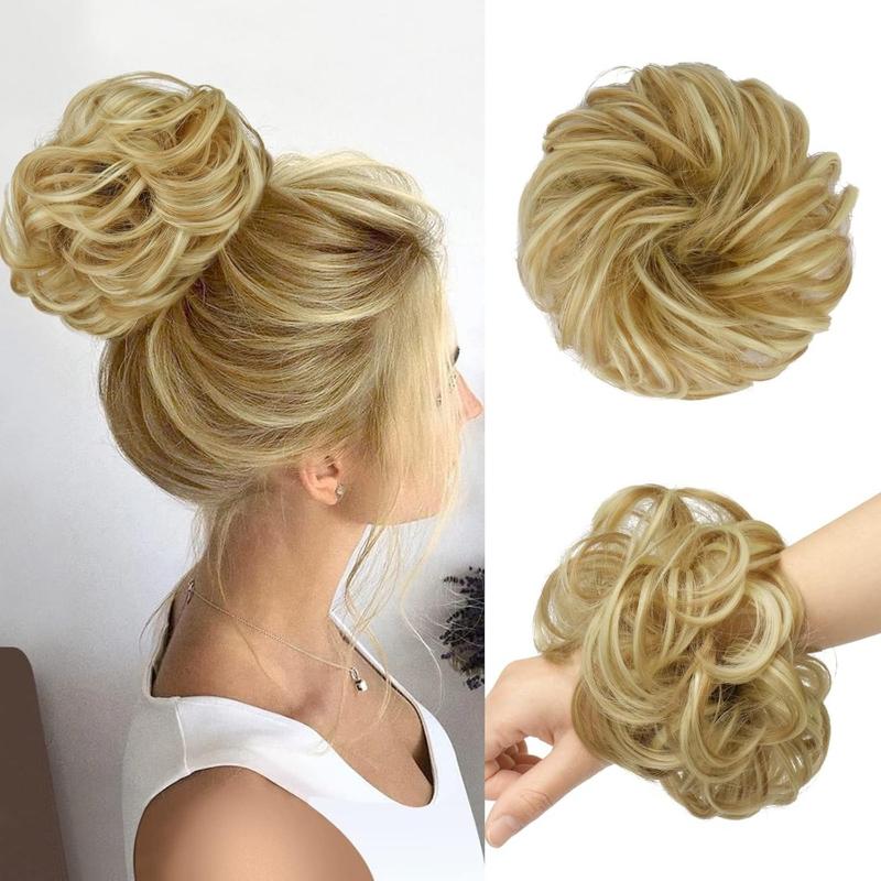 messy bun hair large wavy curly elastic scrunchies ponytail extensions synthetic chignon hairs for women black 1 94oz
