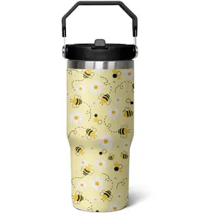 30 oz Bee tumbler With Handle Lid and Straw,Queen Bee Flip Straw Coffee Mug Cup Tumbler Water Bottles,Honey Bee themed Gifts for Women Daisy Flowers,Bee Decor