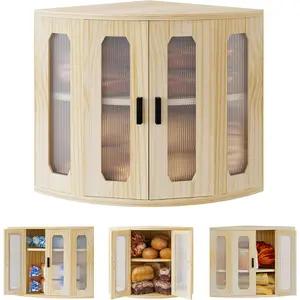 Corner Bread Box for Countertop, Keep Fresh, Easy to Maintenance, Vintage Wooden Breadbox with Shelves for Homemade Bread, Sandwich Loaves, Baked Goods (Wood Color)