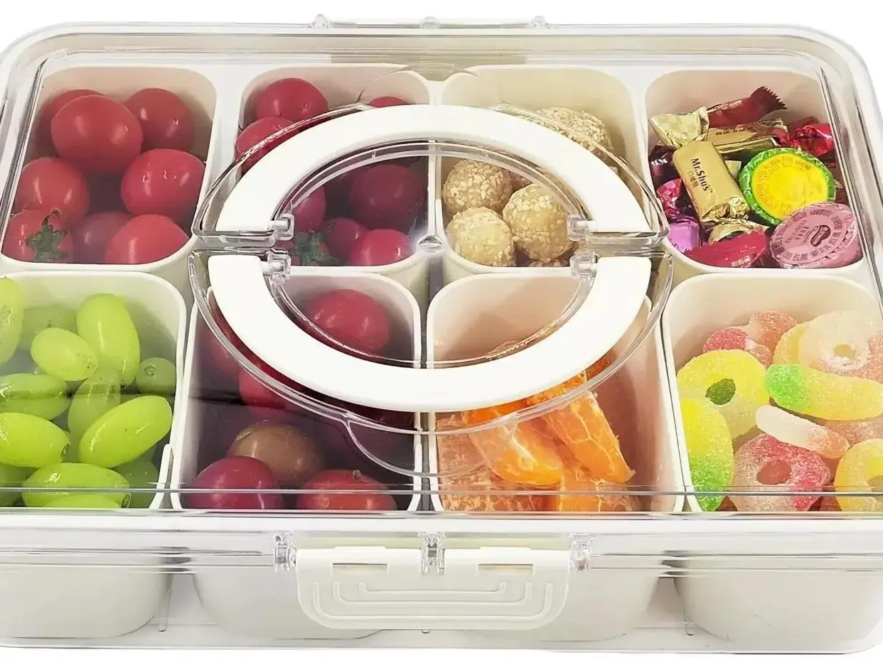Divided Serving Tray with Lid and Handle - Snackle Box Charcuterie Container for Portable Snack Platters