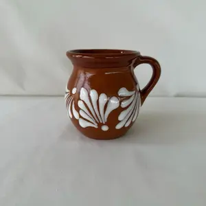 Brown Talavera Handmade 4” Mug with White Floral Design