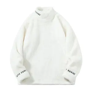 Men's Polar Fleece Embroidered Stand Collar Sweatshirt, white fleece with black letter embroidery at cuffs and neckline, fleece provides warmth and insulation, soft and comfortable for skiing, skateboarding, and other outdoor activities