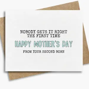 Funny Mother's Day Card with Blank Inside, "Second Born" Sarcastic Greeting Card for Mom, DIY Personalized Premium Cardstock with Kraft Envelope, Hilarious Gift from Son or Daughter