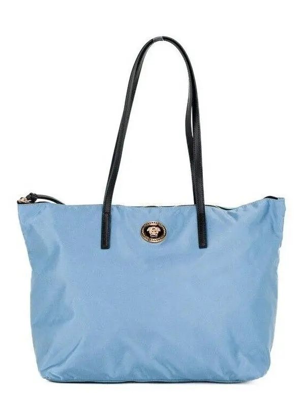 Pre-owned VERSACE Nylon/Calf Leather Tote Bags Portuna Medusa Medium Cornflower Blue Nylon Leather Tote Bag Women's Purse