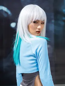 Long Matt white plus light green Wigs for Women,Matt white plus lavender Wigs with Bangs Layered Shoulder Length Synthetic Wig for Daily Party (24 inch)