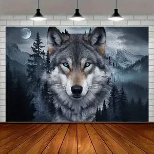 Mystical Wolf Tapestry Wall Art with Lone Wolf Forest Print Polyester Fabric for Living Room Bedroom Dorm Party Decor Aesthetic Nature Wall Hanging,decorative