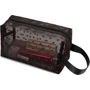 Portable Mesh Makeup Bag with Zipper Small Travel Toiletry Bag Lightweight  Pouch (Black&Red Heart with Handle)