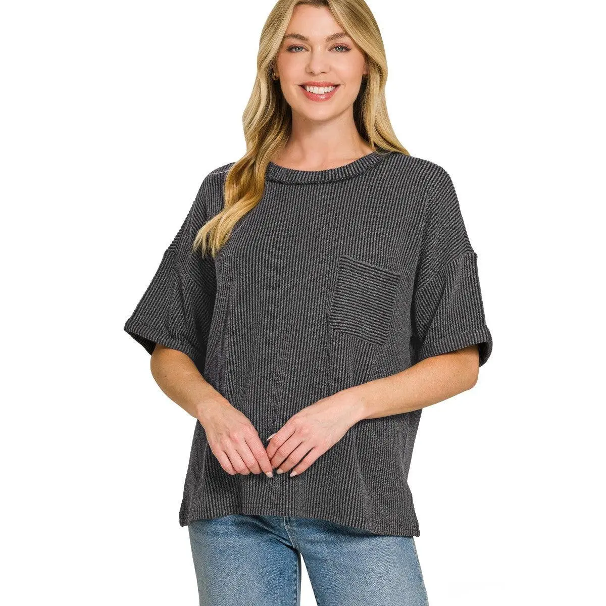 Women's Raised Rib Spandex Top, Casual Drop Shoulder Tee with Cuffed Short Sleeves and Front Pocket, Breathable