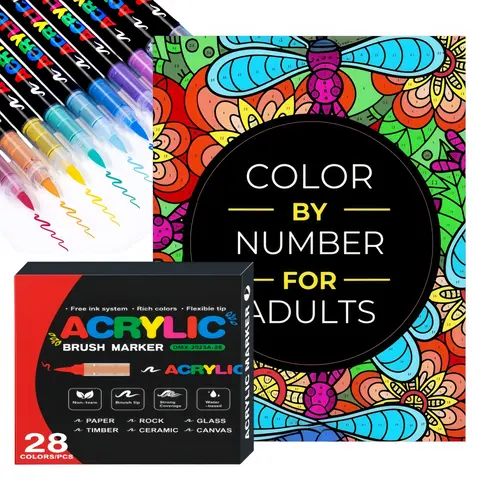 Color by Number Book for Adults with 28 Acrylic Brush Markers, 75-Page Relaxing Coloring & Paint-by-Number Art Kit, Water-Based DIY Craft Gift