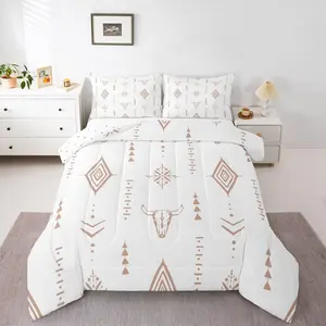 Feelyou Native Aztec Bed Comforter Set - Western Skull, Bohemian Abstract Horns, Minimalist Tribal Symbols, Boho Queen Bedding Set, Boho Bed Set, Bedding Sets