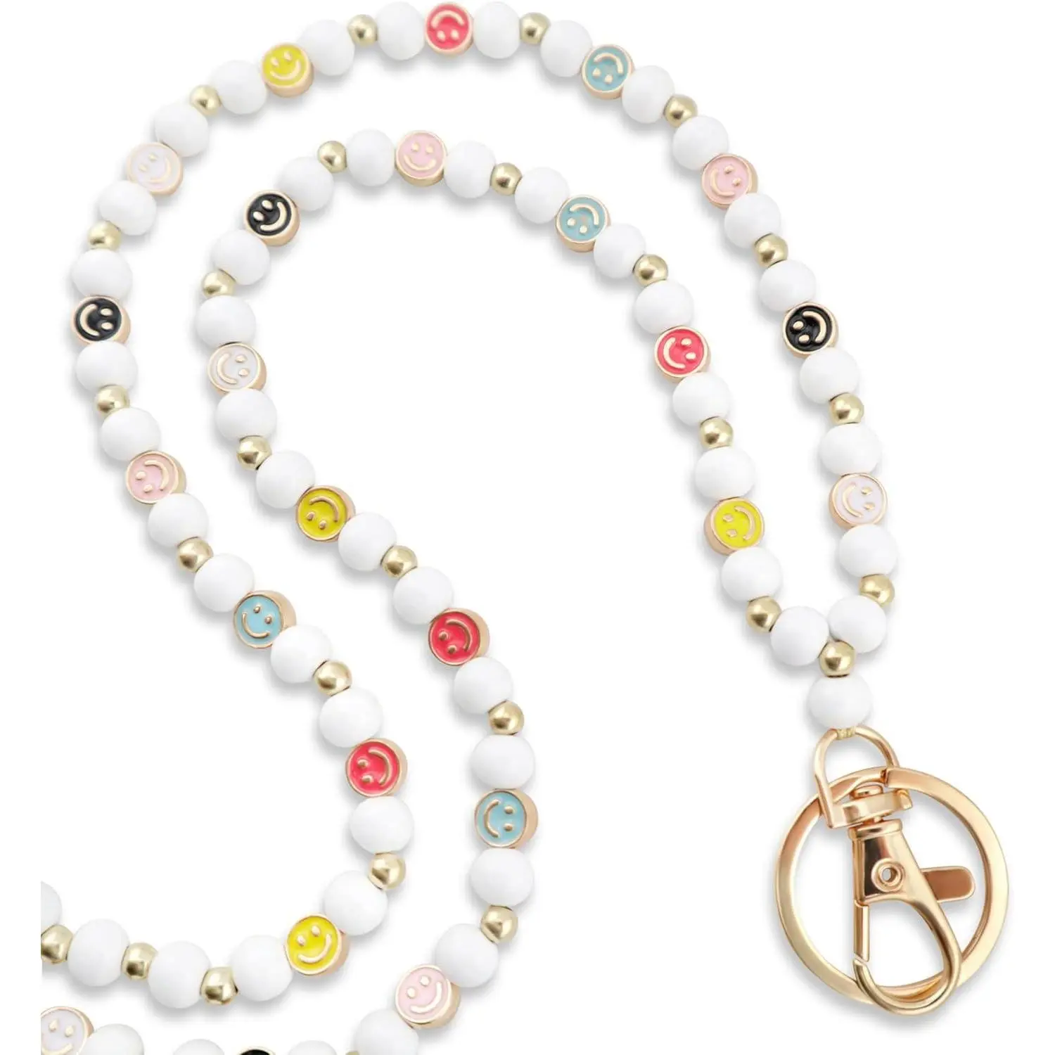 Smiley Teacher Lanyard for Women ID Badges and Keychain Cute Happy Wood and Metal Beads Lanyard for Teacher Nurse