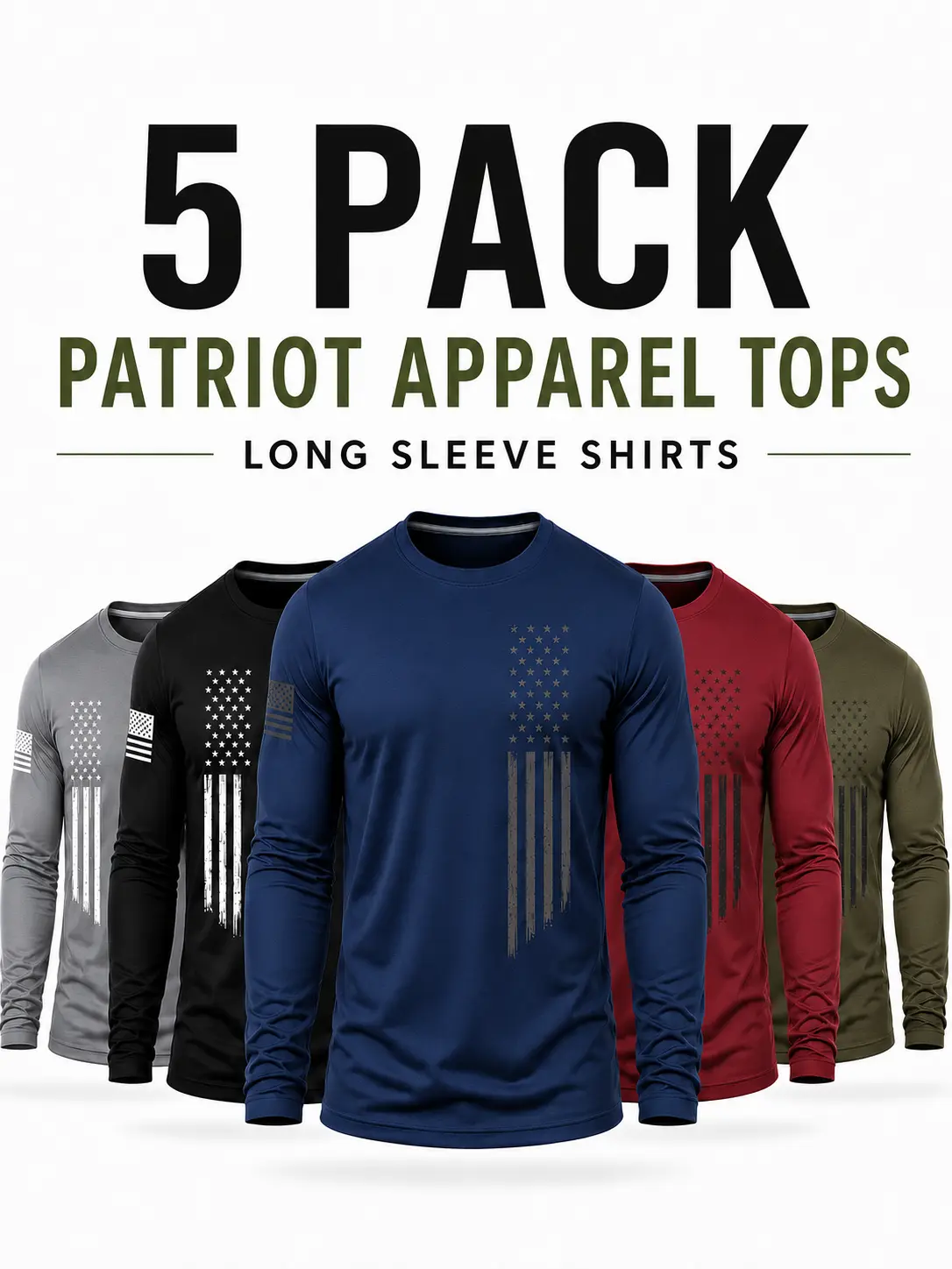 Men's 5-Pack Stretchy Washable Sports Sweatshirts, Long Sleeves Patriotic Crew Neck All-Seasons Casual Tops for Gym, Running (Do Not Dry Clean, US Pride)