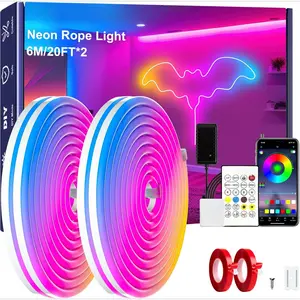 40Ft (20Ft *2 Rolls) RGB LED Neon Rope Lights for Bedroom, 12m LED Strip Lamp with Double Sided Adhesive Tape, App/Remote Control DIY Lights Decorate The Outdoor and Indoor of Your Home Music Sync RGB LED Strip Lights