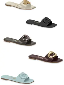 Women's Open Toe Slip-On Sandals with Gold Detail - White Summer Walking Shoes for Casual & Dressy Looks