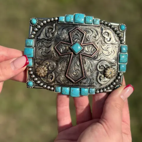 Turquoise Cross Belt Buckle - Hand-Engraved German Silver Wild West Fashion Belt Accessory