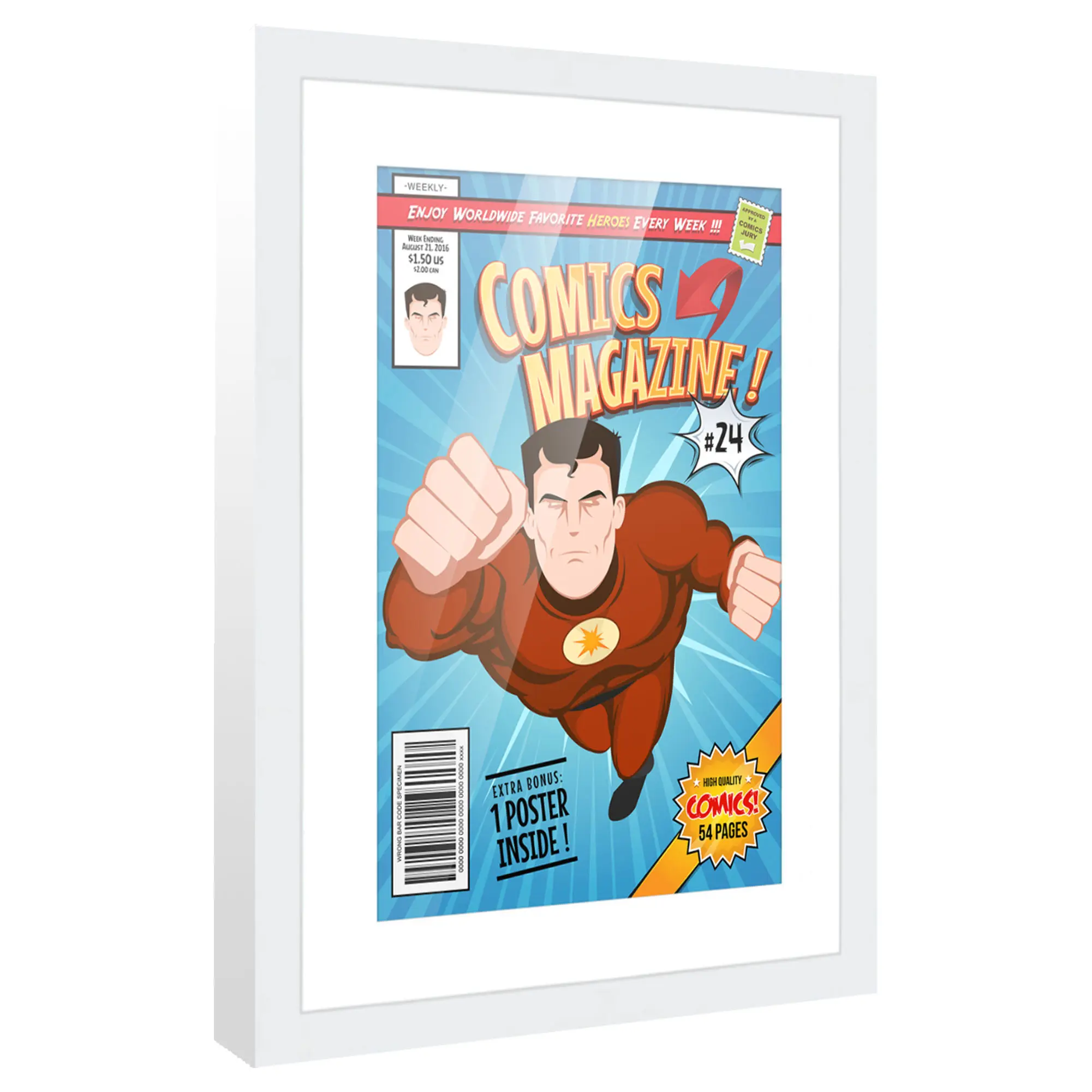 Comic Book Frame with Mat for 1 Bronze Age Comic Published Between 1970 and 1985 - White Wood Comic Frame With White Mat for 7.25x10.5 Comic - 10x14 Frame Size
