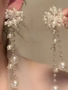 Vintage Pearl Long Fringe Earrings, Bold Large Dangle Earrings, Elegant Bridal Wedding Party Jewelry, Chic Evening Accessories, Dangling Earrings