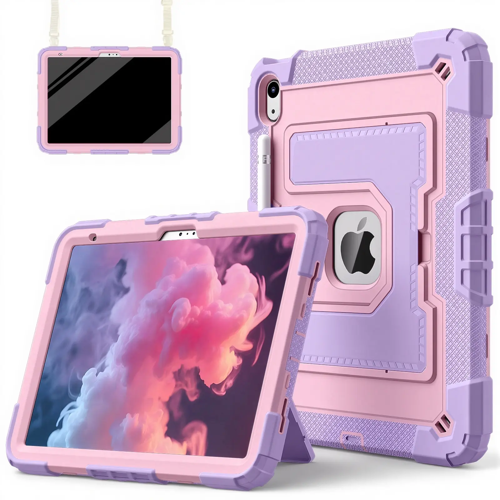 SPALLO for iPad Air 8th/7th/6th Gen M4/M3/M2 11-Inch,Kids Friendly iPad 11th/10th/9th/8th Gen with Shoulder Strap/Pencil Holder,Tablet Covers,Ipad Protective Casing,Heavy Duty Shockproof Protective Cover for iPad Mini 8.3"- Purple+Rose Gold