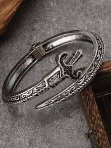 Vintage Patina Sword Shape Open Bangle, Totem Carved Punk Style Adjustable Metal Bracelet, Layered Motorcycle Tough Guy Fashion Accessory
