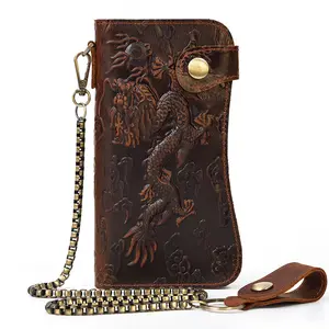 Men's Full-Grain Leather Biker Wallet with Chain, RFID Protection, 3D Embossed Long Clutch Wallets,summervibes