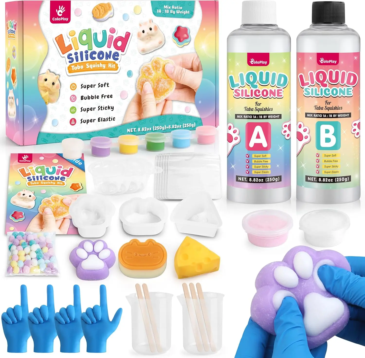 ColoPlay Taba FuFu Squishy Kit - 18oz Rubber, Guided, Bubble-Free, Fast-Curing with Mold, Flocking Powder for Stress Relief Keychain Accessory