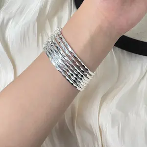 S925 Sterling Silver Women's "Seven Days of Good Luck" Bracelet — Handcrafted Interwoven Seven-Ring Chain, Classic Rolling-Ring Bangle Set