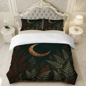 3PCS Duvet Cover Set, 1 Duvet+2 Pillowcases(Without filler), Crescent Moon Forest Starry Night Magic Dream theme, Halloween bedding set, Moonlit Elegance Dark Green Suitable for decoration Bedroom Hotel Guestroom Cottage