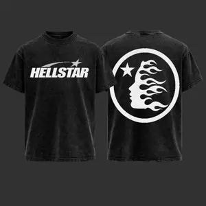 Hellstar Graphic T Shirt Vintage Washed Oversized Streetwear Tee Men Women Y2K Star Flame Face Logo Shirt Hip Hop Fashion Casual Cotton Top Unisex Harajuku Skatewear Trendy Black Tee