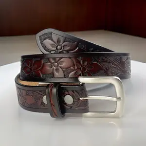 Handmade Western Carved Full Grain Leather Belt - Personalized Engraved Custom Design with Removable Buckle