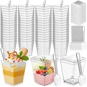 50 Pack Square Clear Dessert Cups with Lids and Spoons, 5 oz Disposable Parfait Cups, Food Grade Plastic Pudding Mousse Cups, Mini Appetizer Cups for Party Catering Home Baking Restaurant