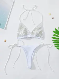 Women's Faux Pearl Decor Bikini Set, Swimsuit Style Bikini, Bikini Top & Swim Bottom, Ladies Swimsuit for Beach Holiday Vacation