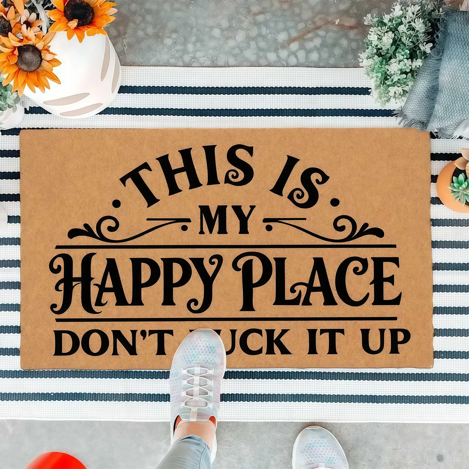 My Happy Place Don't Fuck It Up Funny Doormat Front Door Flannel Mat Entryway Outdoor Mat, Front Porch Welcome Mats Entry Brown House Warning Gift Mat