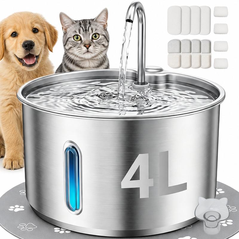 GULUNOOK 4L Stainless Steel Automatic Water Bowl for Cats & Dogs, USB-Powered Pet Water Fountain with Ultra Quiet Pump, 4 Filters & 4 Sponges
