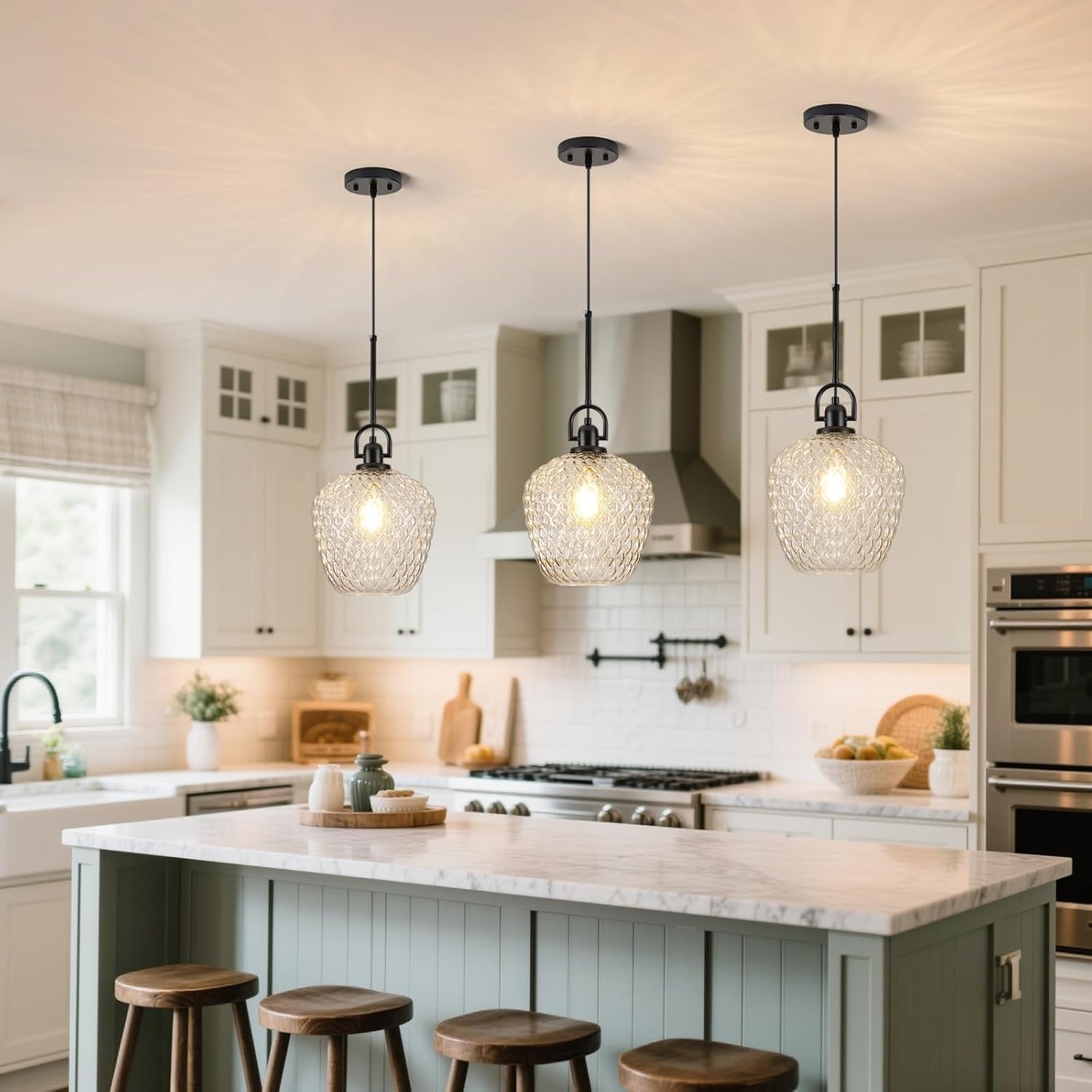 Large Glass Pendant Lights Kitchen Island, 10" 1-Light Black Fixtures with Hammered Glass Modern Hanging Light for Kitchen Island Dining Room Entryway Foyer