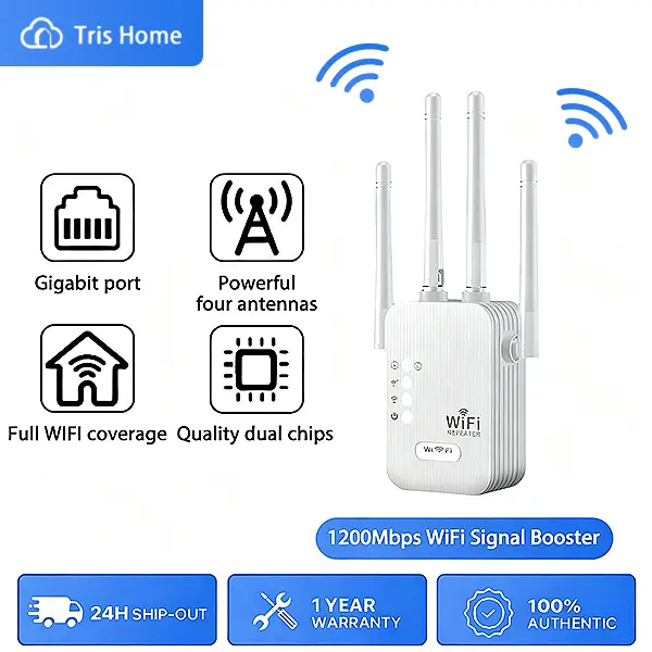 1200Mbps Dual-Band WiFi Range Extender (WiFi Repeater) - 2.4GHz/5GHz High-Gain 4 Antennas Signal Booster, 2000 Sq Ft Coverage, 30 Simultaneous Devices, 1 x 100M LAN Port Ethernet Support, Web UI, Ideal for Home Entertainment, Remote Offices, 5 Meters Indo