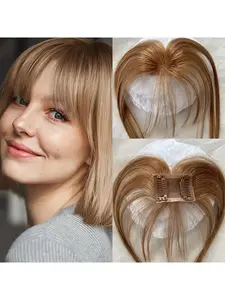 Hair toppers, Clip in Bangs Real Human Hair with high cranial top for volume Light and airy French bangs for women for Daily Wear (Natural Black, Brown Color)