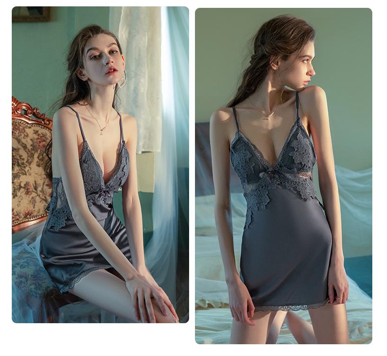 Floral Lace Patchwork Satin Chemise Nightgown | Sexy Backless Sleepwear Lingerie Dress with Bow Detail for Women | Elegant V-Neck Nightie