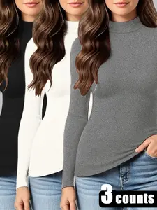 1/2/3 Counts Women's Plain Turtle Neck, Turtleneck Fitted Long Sleeve Tops, Ladies Casual Comfy T-shirt for Spring, Fall & Winter, Stylish Thermal Tee, Basic Tops, Thermal Underwear, Womenswear, Suitable For Daily Wear, Fashion Outing