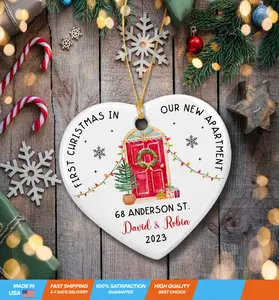 Personalized First Christmas in Our New Apartment Address Ornament 2023, 2023 Our First Apartment Ornament Gifts for Couples Housewarming Christmas, Customized New Apartment Ceramic Ornament Xmas